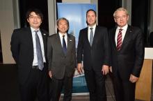 Minister for Trade, Tourism and Investment, Steven Ciobo with Mr Richard Court AC, Ambassador to Japan, Mr Akihiko Tamura, Commissioner, Japan Tourism Agency and Yasuto Kawarabayashi, Vice Commissioner, Japan Tourism Agency at a Tourism Australia receptio