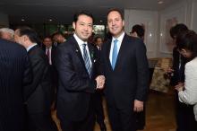 Minister for Trade, Tourism and Investment, Steven Ciobo meets with Mr Taku Otsuka, State Minister of Finance at the 60th Anniversary of the signing of the Australia-Japan Agreement on Commerce reception. Australian Embassy, Tokyo, 19 April 2017.