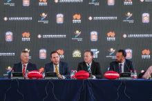 Federal Minister for Trade, Tourism & Investment Steven Ciobo speaking at a media call in Shanghai ahead of the AFL Port Adelaide-Gold Coast Suns fixture, flanked by (L to R) – Gold Coast Suns CEO Andrew Travis, Port Adelaide CEO Keith Thomas and the AFL’