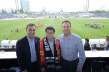 Federal Minister for Trade, Tourism & Investment Steven Ciobo at the AFL match in Shanghai with from left: SA Premier Stephen Marshall, Shanghai Vice Mayor Professor Chen Qun              Photo credit: DFAT/Chris Crerar(c)DFAT Australia / High res filena